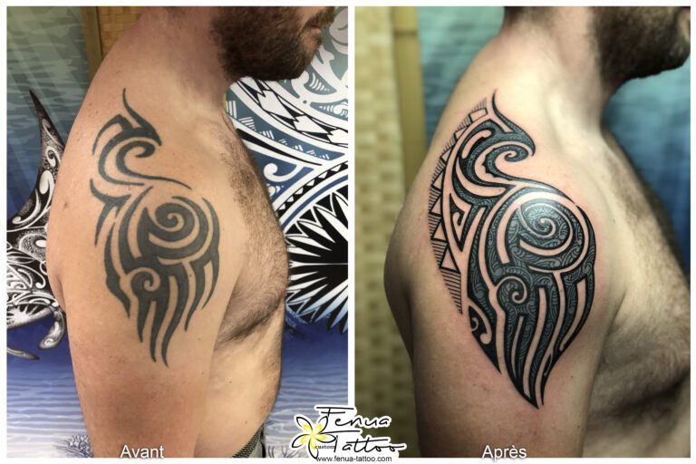 customisation dun tatouage tribal par du polynesien sur lepaule 768x512