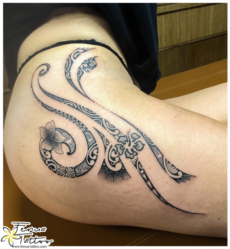 tatouage polynesien feminin cuisse jambe 768x831