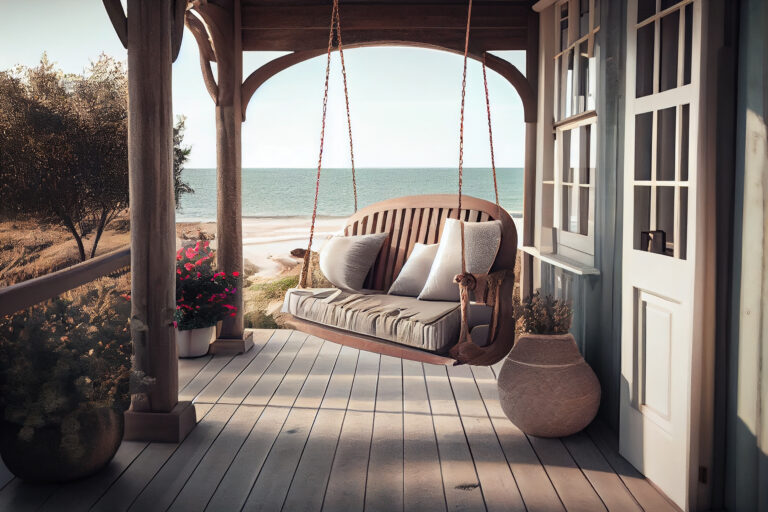 wooden swing terrace overlooking seagenerative ai 768x512